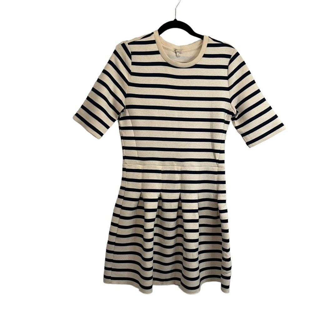 GAP Scuba Neoprene Striped Navy Blue Cream Skater Dress Womens Size 10